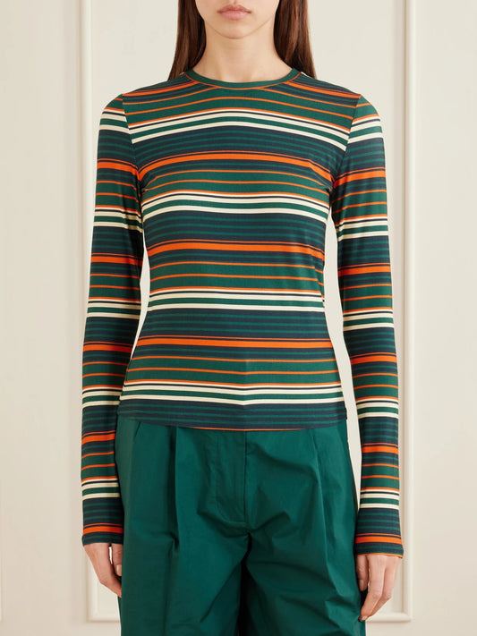 Image of a model wearing Tops. Product name - Mae Striped Stretch-jersey T-shirt in Green colour by brand - Proenza Schouler White Label