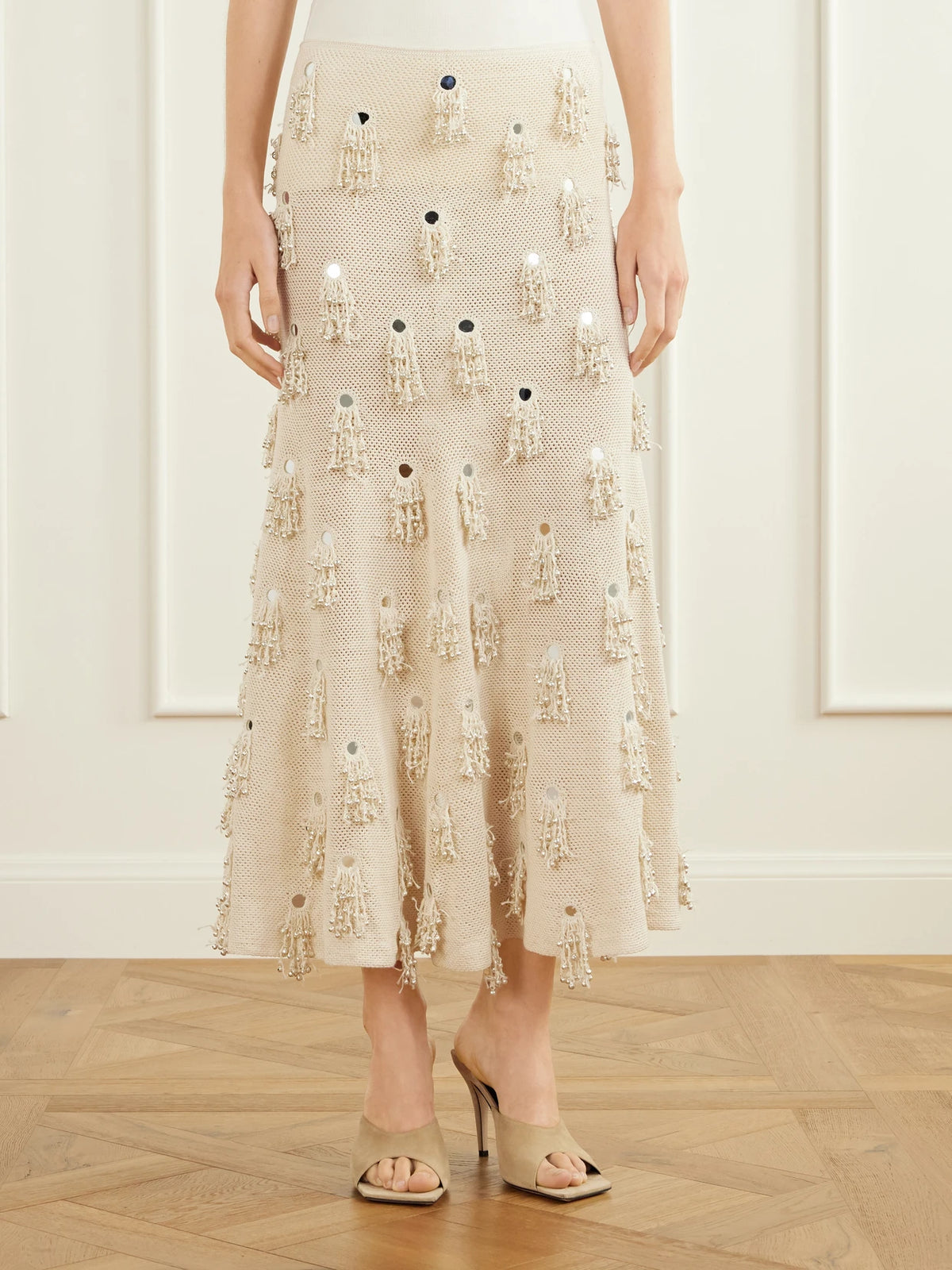 Yoshita 1967 Jane Fringed-embellished Cotton Crochet-knit Midi Skirt