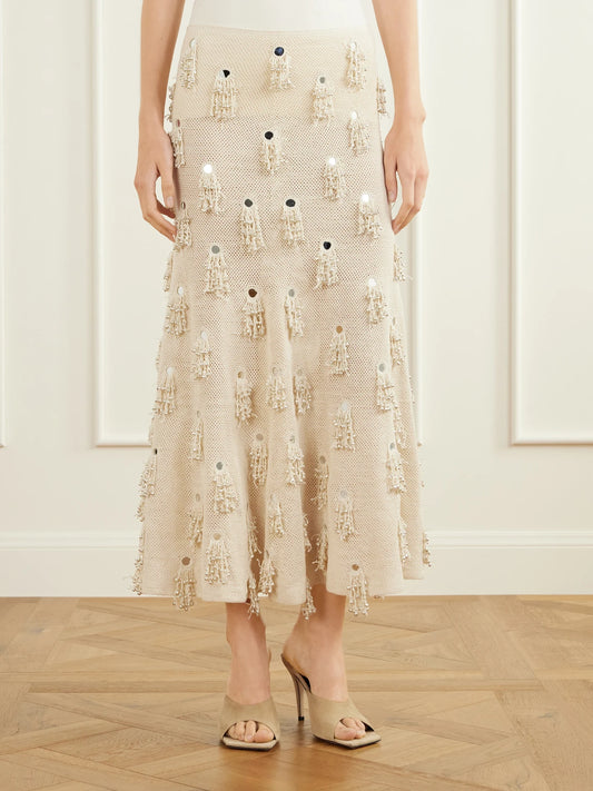 Yoshita 1967 Jane Fringed-embellished Cotton Crochet-knit Midi Skirt