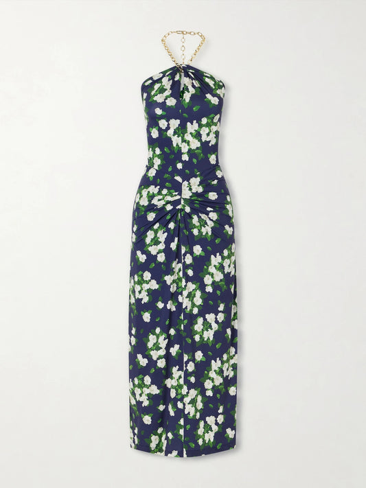 Image of Dresses. Product name - Floral-print Embellished Satin Halterneck Midi Dress in Navy colour by brand - Carolina Herrera