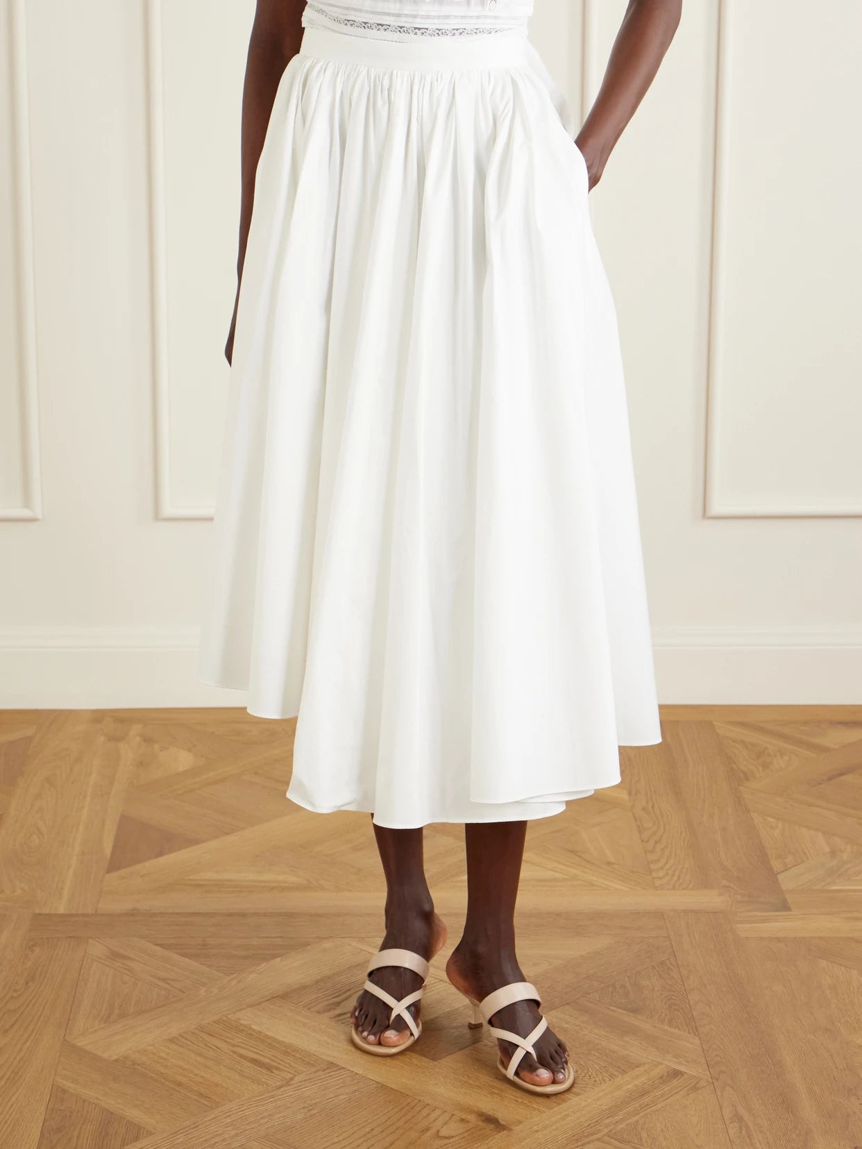 Asymmetric Gathered Cotton-poplin Midi Skirt