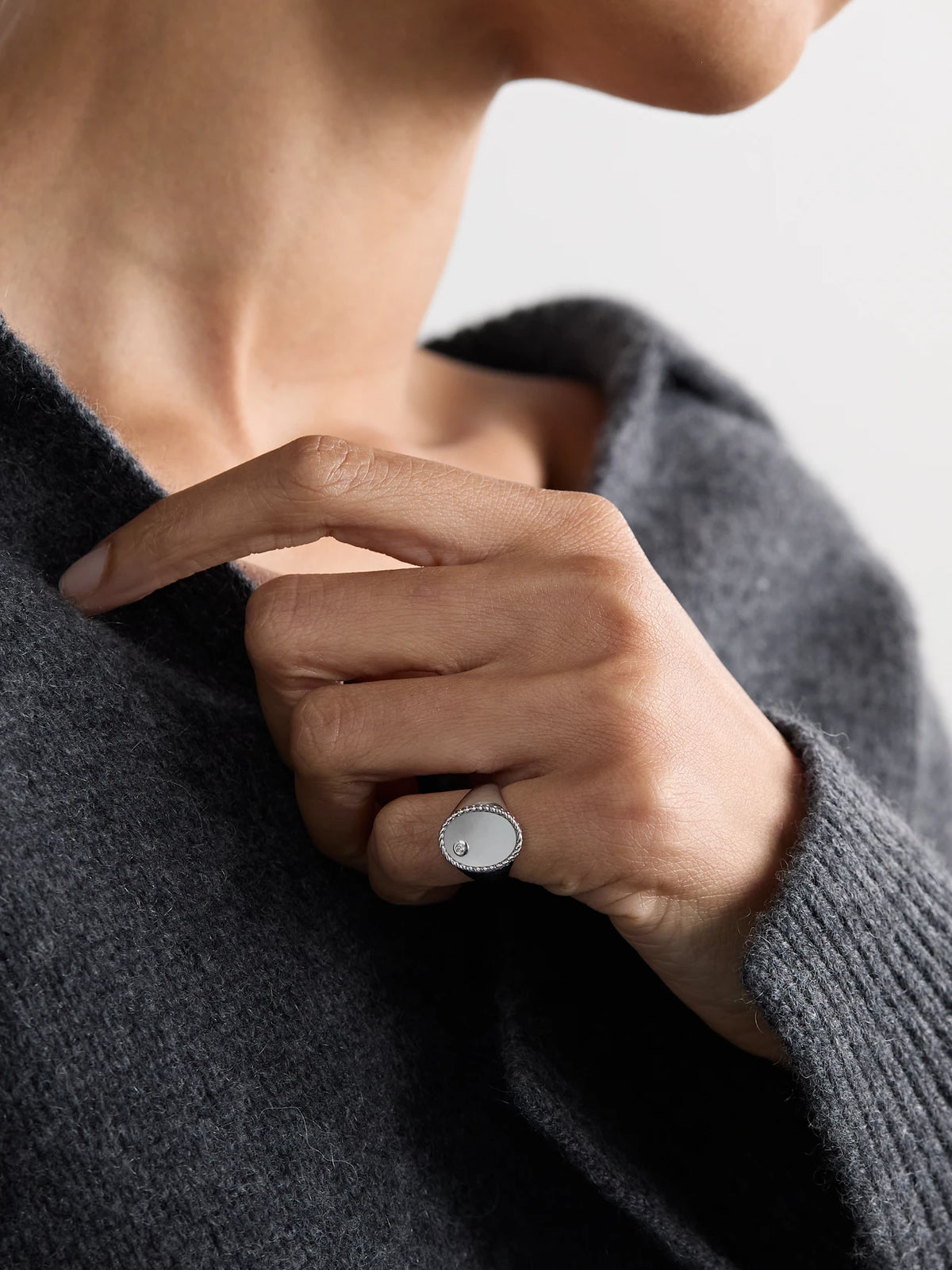 Image of Rings. Product name - Chevalière Ovale 9-karat White Gold, Mother-of-pearl And Diamond Signet Ring in Multi colour by brand - Yvonne Léon