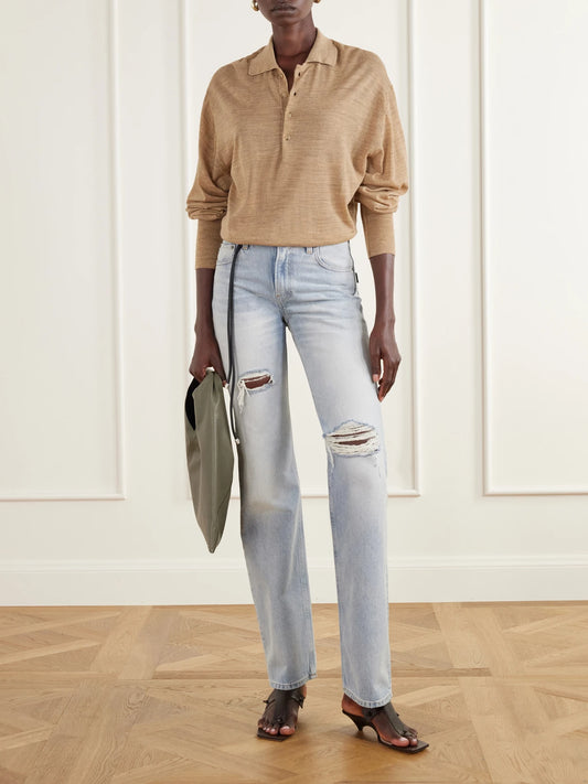 Image of a model wearing Tops. Product name - Millie Stretch-knit Jersey Bodysuit in Camel colour by brand - Haikure