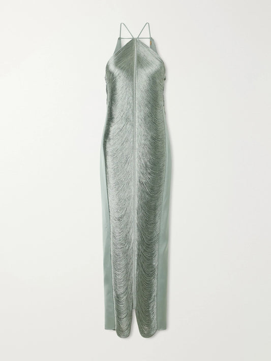 Image of Dresses. Product name - Renata Fringed Satin-trimmed Mesh Gown in Mint colour by brand - Cult Gaia