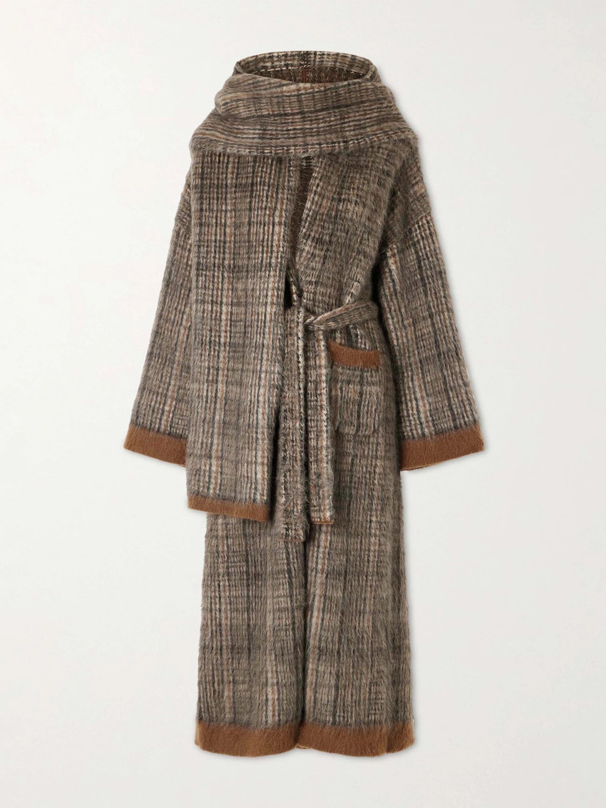 Image of Coats & Jackets. Product name - Scarf-detailed Belted Checked Brushed Wool-blend Coat in Gray colour by brand - Brunello Cucinelli