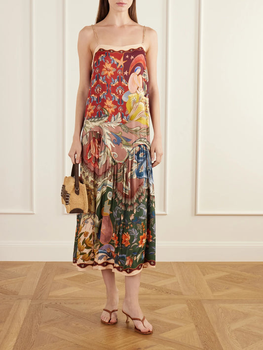 Image of Dresses. Product name - Lunar Boho Bead-embellished Gathered Printed Satin Midi Dress in Multi colour by brand - Farm Rio