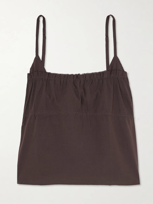 Image of a model wearing Tops. Product name - Tri Frayed Organic Cotton Camisole in Brown colour by brand - Deiji Studios