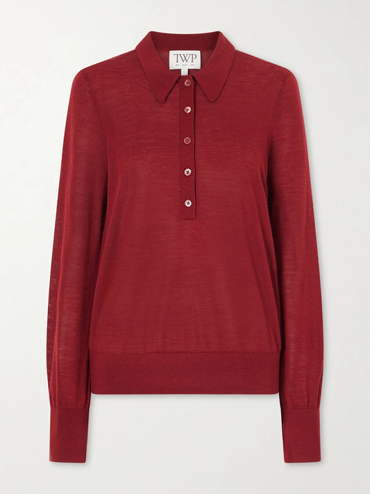Image of a model wearing Outerwear. Product name - Cashmere Polo Sweater in Burgundy colour by brand - TWP