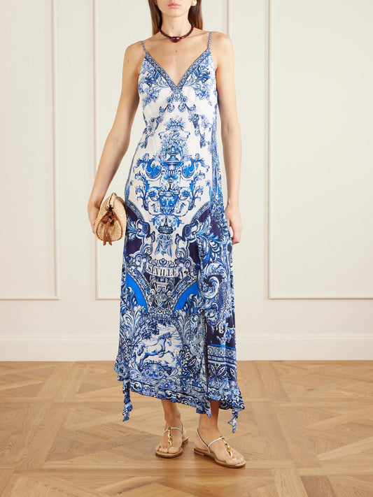 Image of Dresses. Product name - Crystal-embellished Printed Silk Midi Dress in Blue colour by brand - Camilla