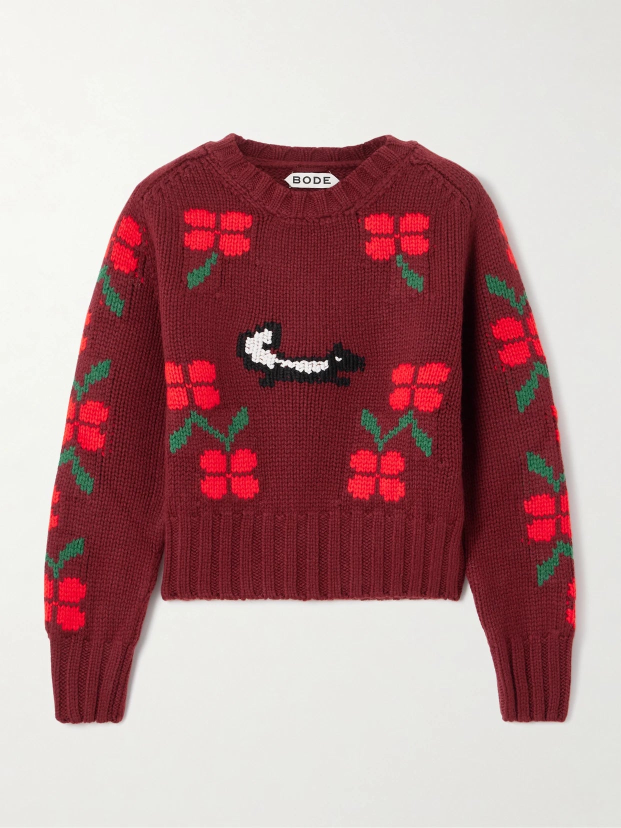 Image of a model wearing Outerwear. Product name - Intarsia-knit Wool Sweater in Red colour by brand - BODE