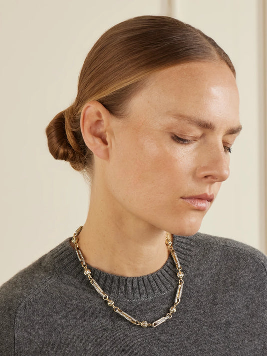 Image of Necklaces. Product name - Double Diamond Stirrup Rhodium-plated 14-karat Gold Diamond Necklace in Multi colour by brand - Lucy Delius