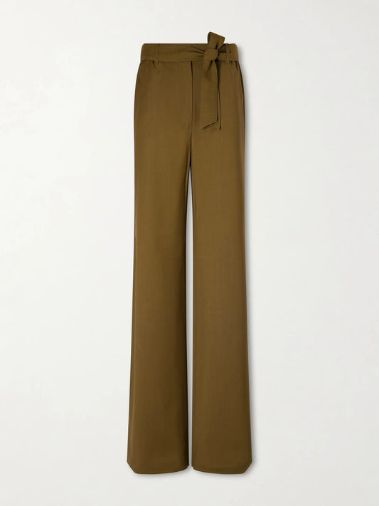 Image of a model wearing Pants. Product name - Editto Belted Wool Grain De Poudre Wide-leg Pants in Army green colour by brand - Max Mara
