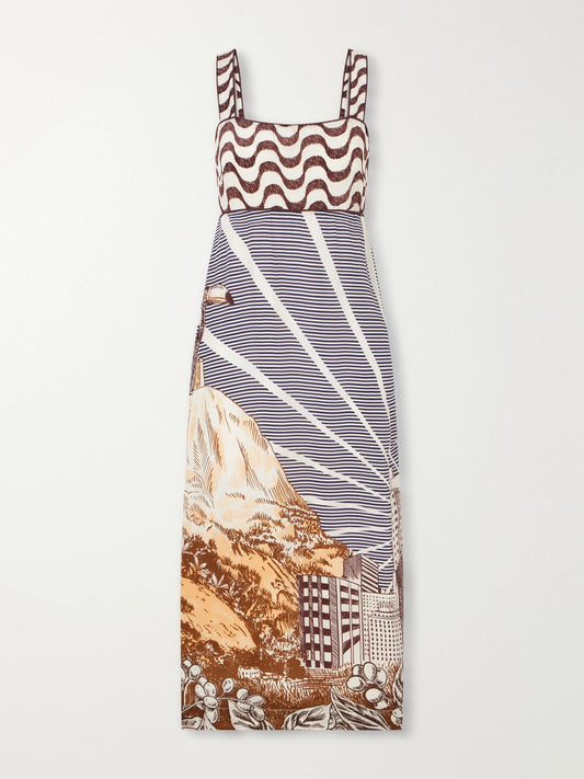 Farm Rio Mixed Carioca Coffee Scarves Printed Voile Midi Dress