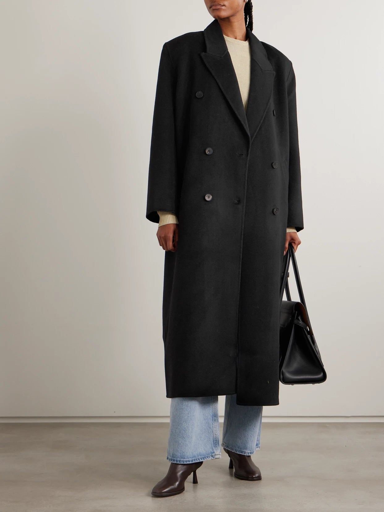 Image of Coats & Jackets. Product name - Gaia Oversized Double-breasted Wool-blend Coat in Black colour by brand - The Frankie Shop