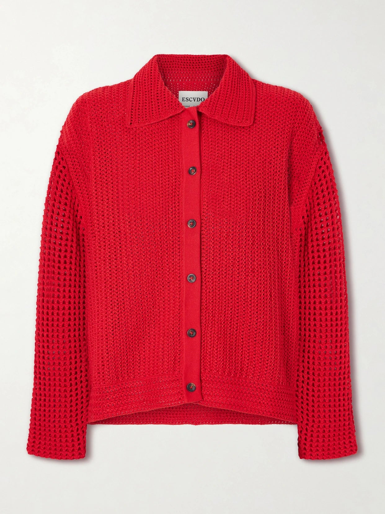 Image of a model wearing Outerwear. Product name - Solar Open-knit Cotton Cardigan in Red colour by brand - ESCVDO