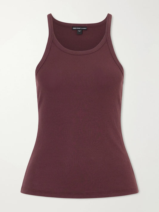 Image of a model wearing Tops. Product name - Ribbed Supima Cotton-blend Tank in Burgundy colour by brand - James Perse