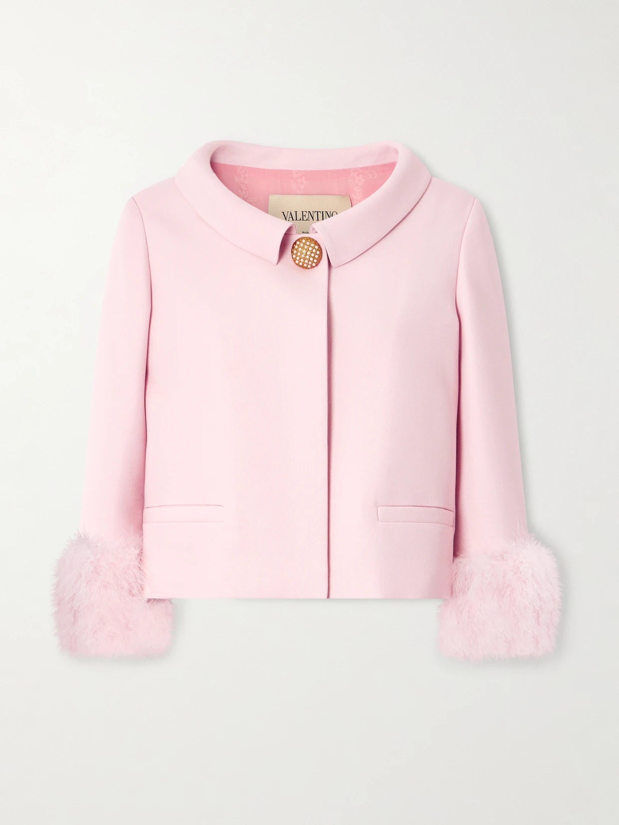 Image of Coats & Jackets. Product name - Embellished Feather-trimmed Wool And Silk-blend Crepe De Chine Jacket in Pink colour by brand - Valentino Garavani