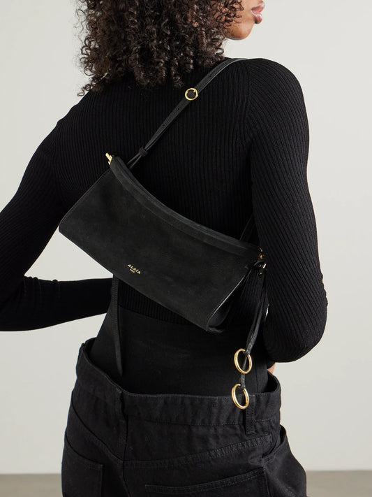 Image of Bags. Product name - Click E/w Small Textured-nubuck Shoulder Bag in Black colour by brand - Alaïa