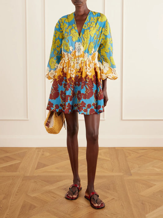 Image of Dresses. Product name - Splice Cotton And Silk-blend Mini Dress in Multi colour by brand - ALÉMAIS