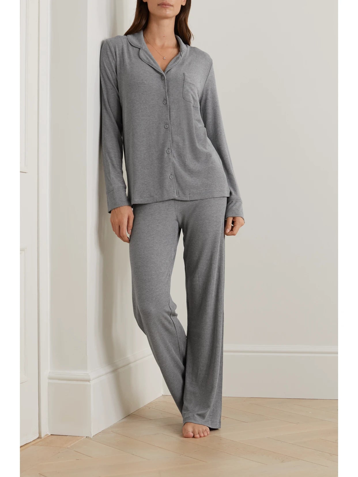 Ribbed Stretch-modal Jersey Lounge Set - Heather Grey