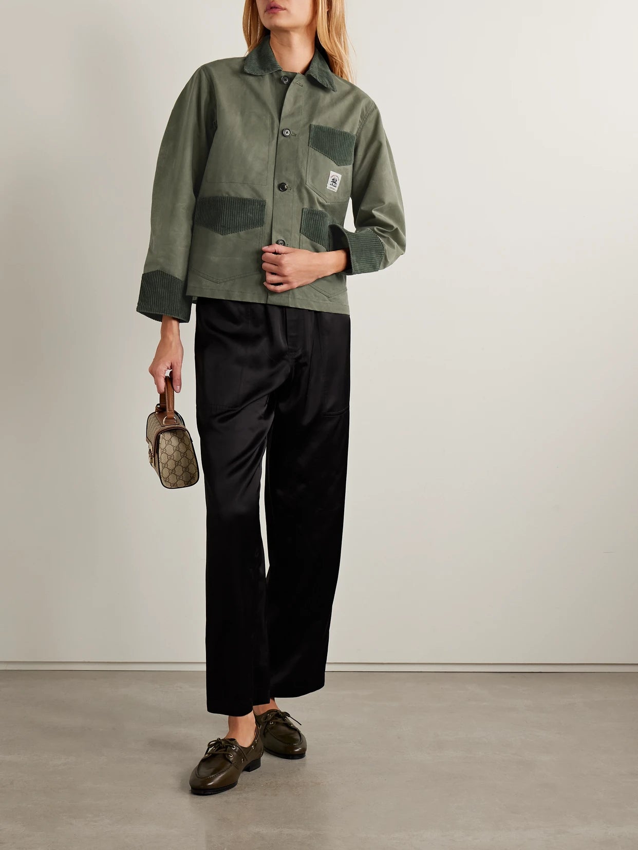 Image of Coats & Jackets. Product name - Corduroy-trimmed Waxed-cotton Jacket in Light green colour by brand - BODE