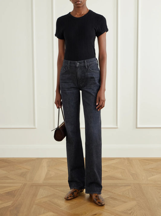 Image of Jeans. Product name - The Reifler Stretch Mid-rise Straight-leg Jeans in Dark denim colour by brand - Mother