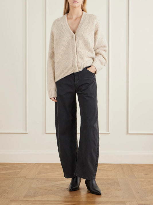 Image of a model wearing Outerwear. Product name - Lorana Wool And Cashmere-blend Cardigan in Beige colour by brand - Nili Lotan
