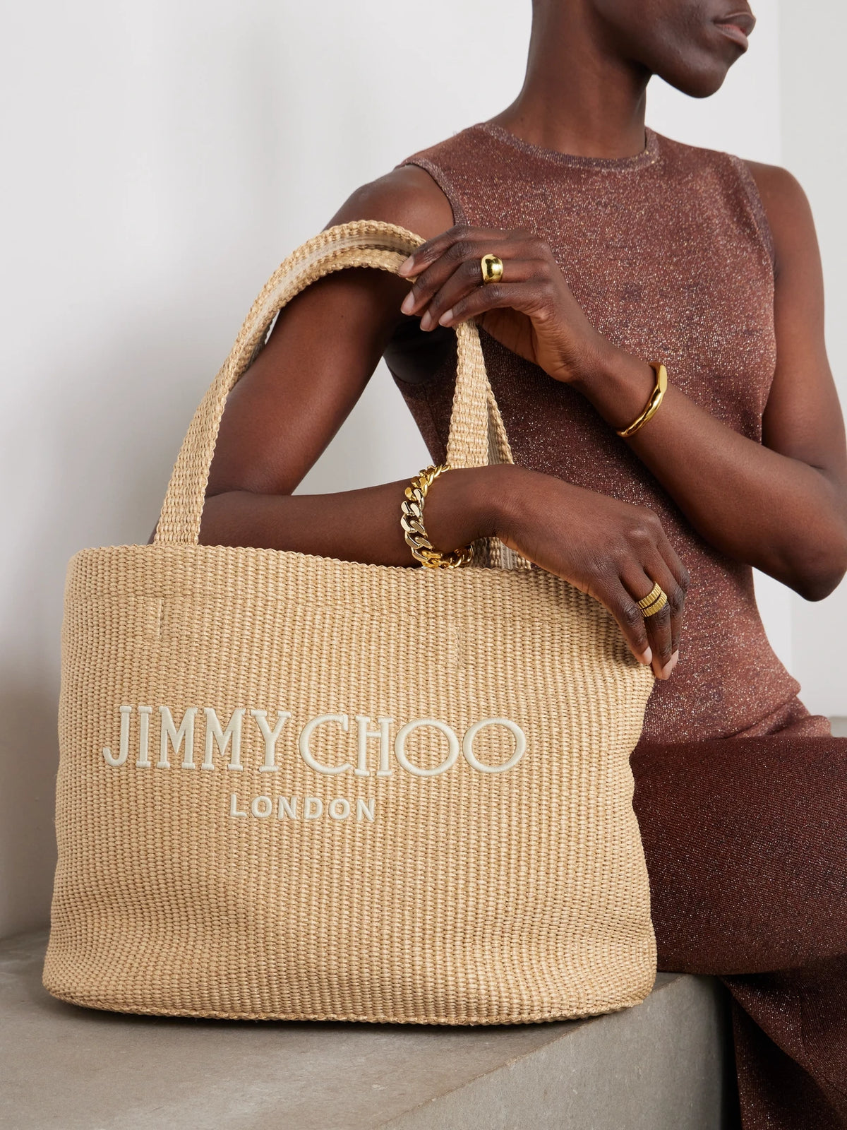 Image of Bags. Product name - Avenue Logo-embroidered Woven Raffia Tote in Beige colour by brand - Jimmy Choo