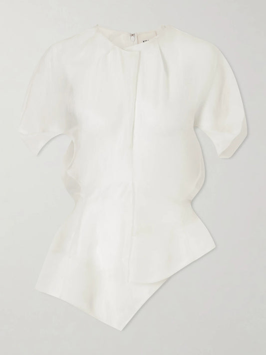Image of a model wearing Tops. Product name - Rumi Silk Organza Top in White colour by brand - KHAITE