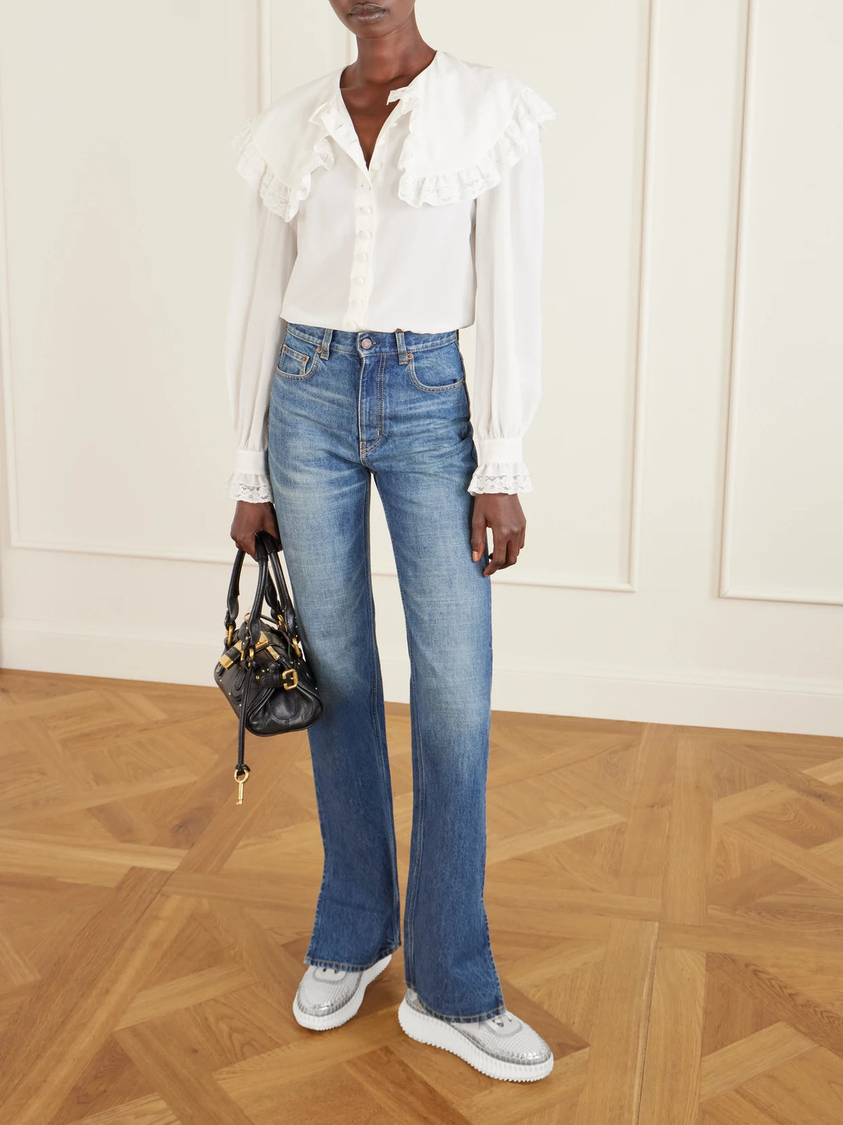 Image of Sneakers. Product name - Nama Metallic Leather-trimmed Mesh Sneakers in Silver colour by brand - Chloé