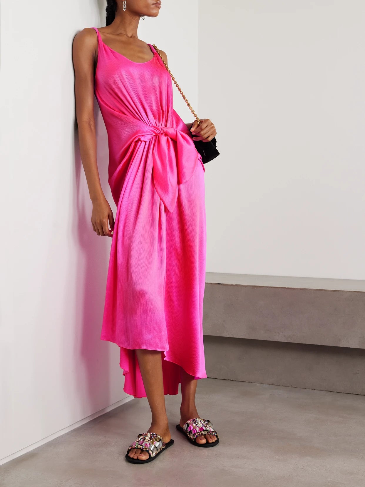Image of Dresses. Product name - Tie-detailed Crinkled-silk Maxi Dress in Bright pink colour by brand - JW Anderson