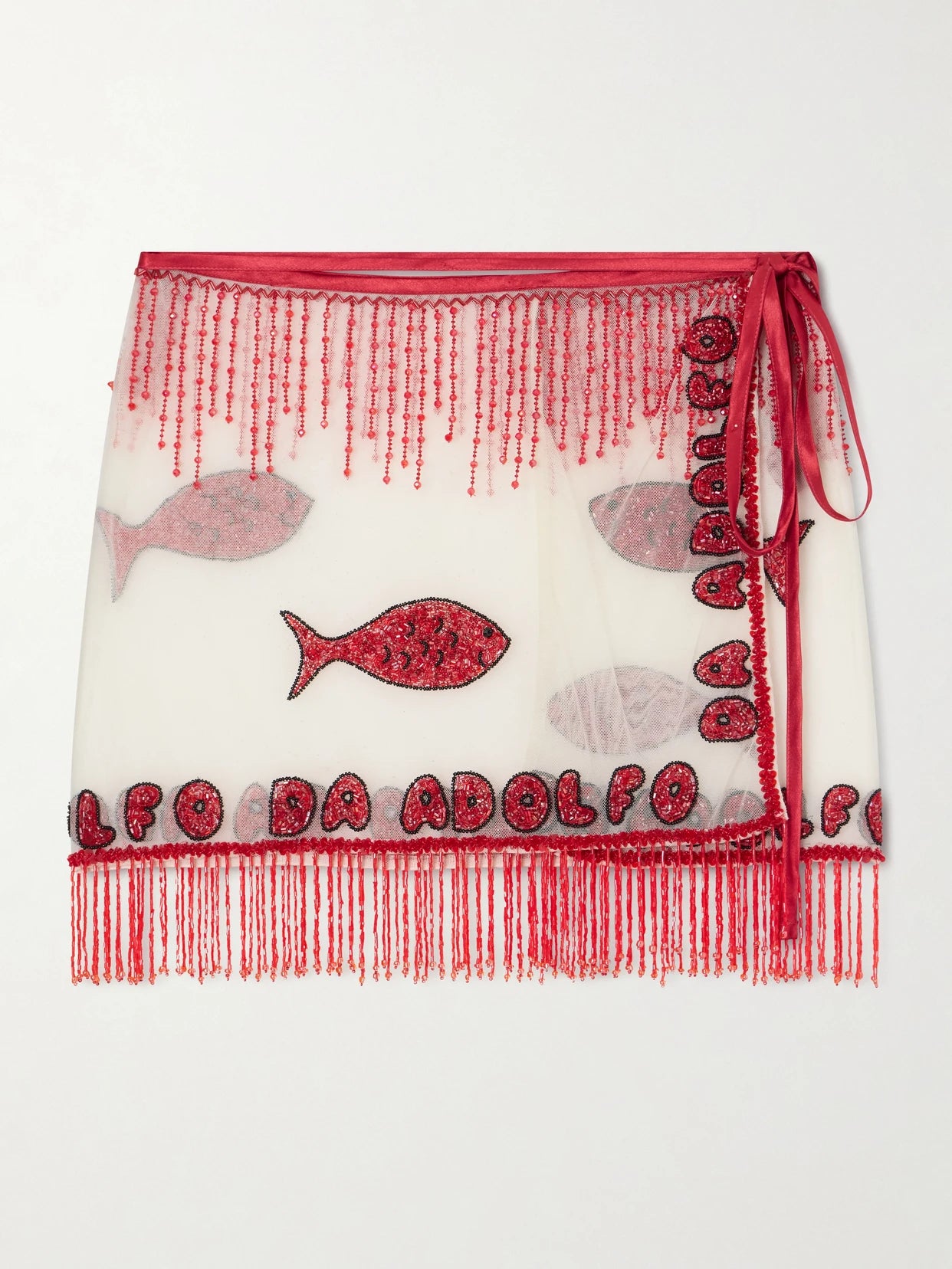 Image of Swimwear. Product name - + Da Adolfo Riva Fringed Beaded Mesh Sarong in Red colour by brand - STAUD