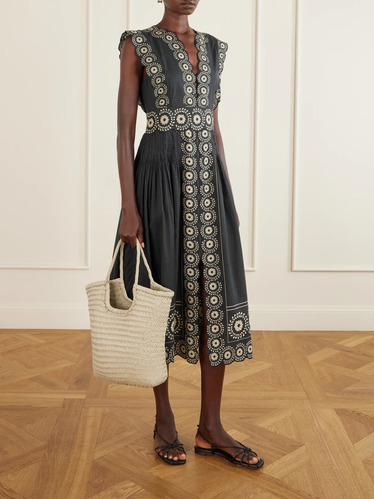 Image of Dresses. Product name - Mirabel Scalloped Embroidered Cotton-voile Midi Dress in Black colour by brand - Sea