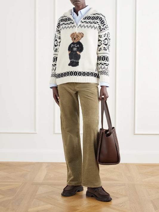 Image of a model wearing Outerwear. Product name - Embroidered Fair Isle Wool And Cashmere-blend Half-zip Sweater in Cream colour by brand - Polo Ralph Lauren