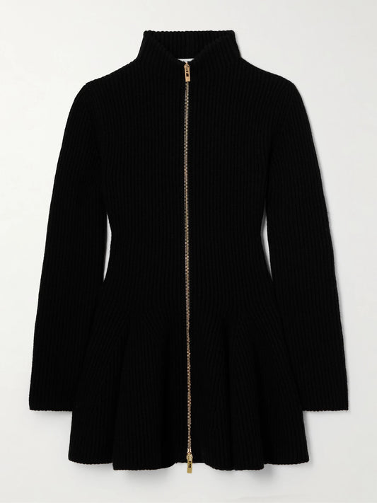 Image of a model wearing Outerwear. Product name - Ribbed Wool And Cashmere-blend Peplum Cardigan in Black colour by brand - Alaïa
