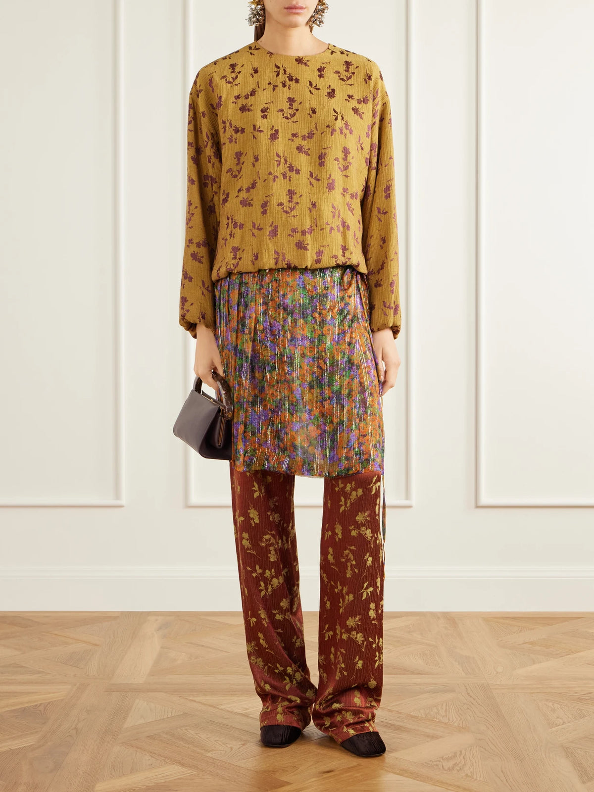 Image of a model wearing Pants. Product name - Floral-jacquard And Crepon Wide-leg Pants in Multi colour by brand - Dries Van Noten