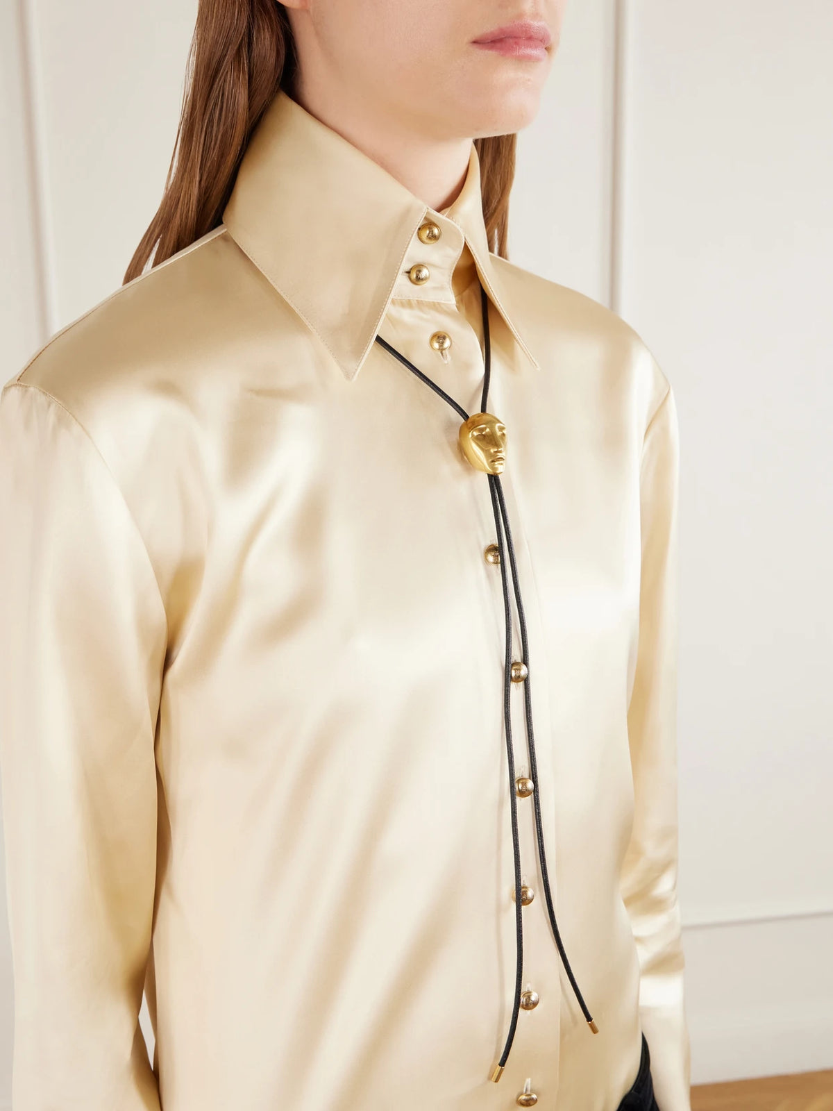 Image of Scarves & Shawls. Product name - Visage 18-karat Gold-plated Brass And Leather Bolo Tie in Multi colour by brand - KHAITE