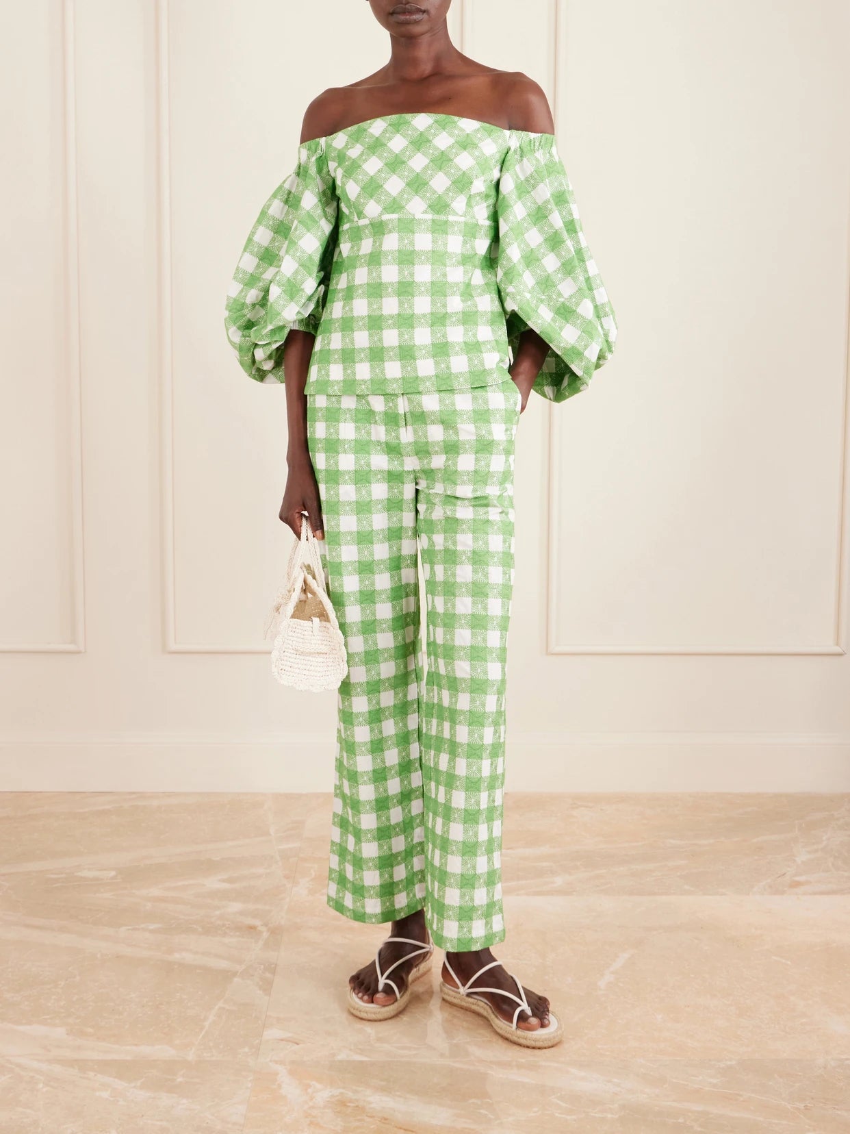 Image of a model wearing Pants. Product name - Easy Does It Checked Cotton Straight-leg Pants in Green colour by brand - Rosie Assoulin