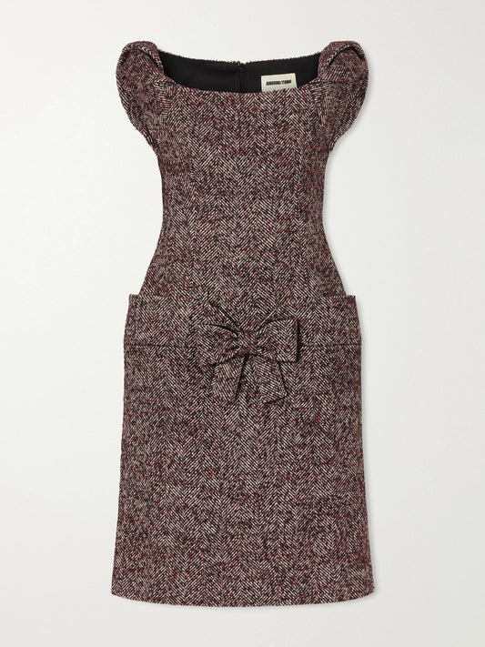 SHUSHU/TONG Bow-detailed Wool-blend Herringbone Midi Dress