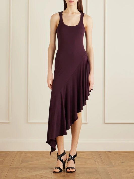 Image of Dresses. Product name - Asymmetrical Crepe-jersey Midi Dress in Burgundy colour by brand - Alaïa