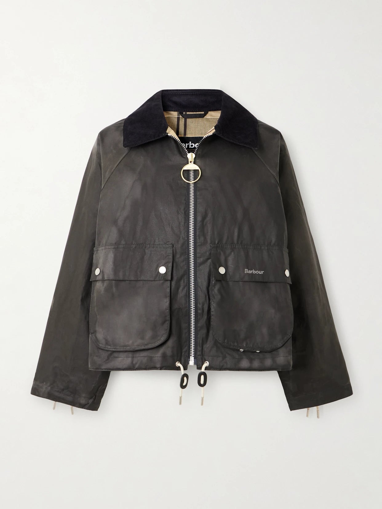 Image of Coats & Jackets. Product name - Marron Leather And Corduroy-trimmed Waxed-cotton Jacket in Dark gray colour by brand - Barbour