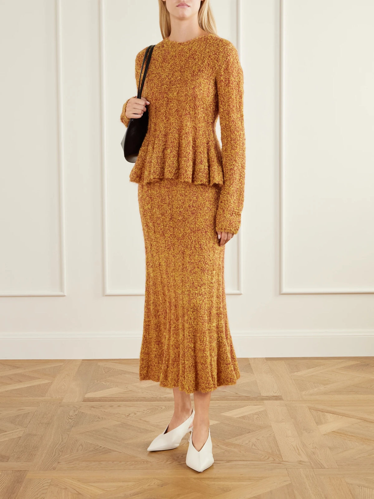 Image of Outfit Sets. Product name - Joelle Cable-knit Mohair-blend Maxi Skirt in Mustard colour by brand - Proenza Schouler