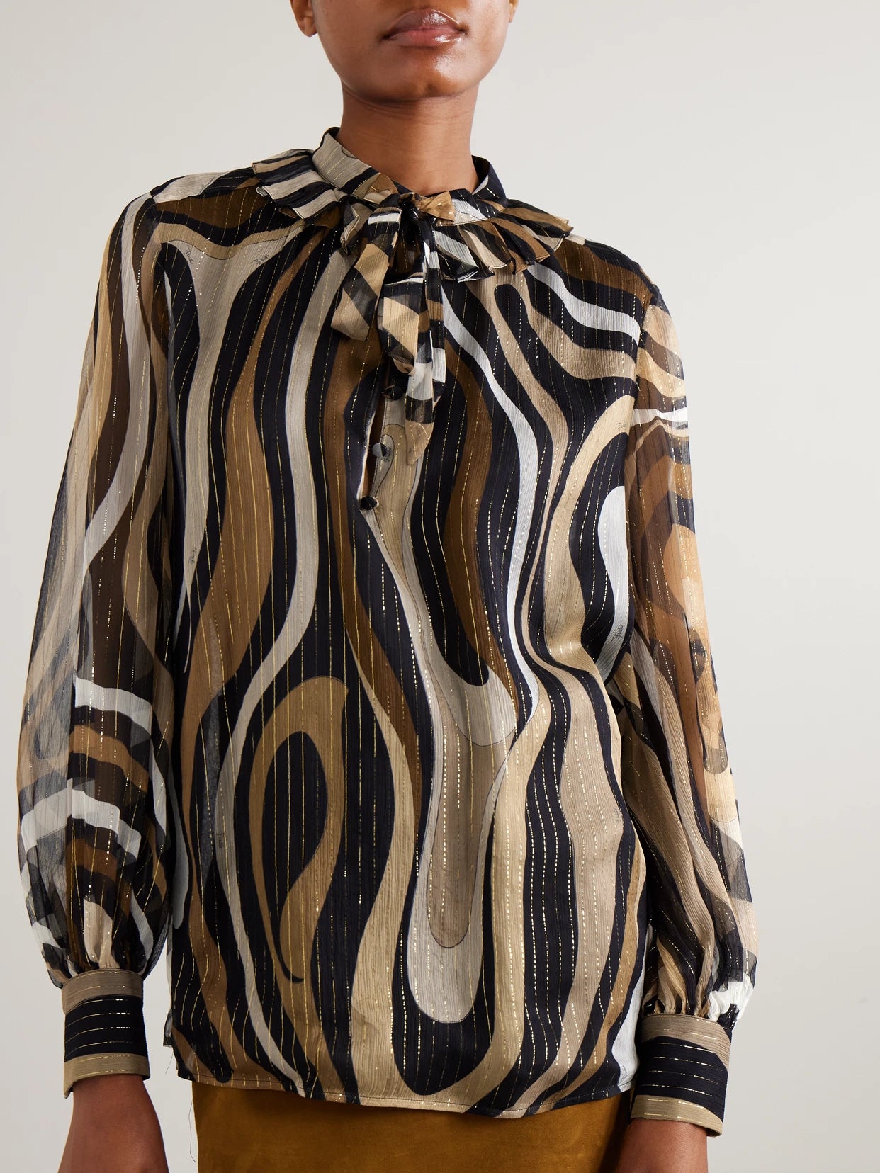 Ruffled Metallic Silk-blend Crepon Pussy-bow Blouse