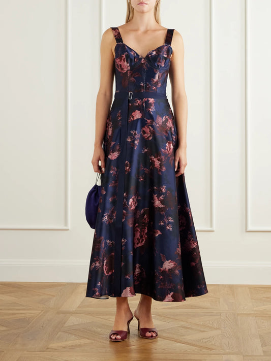 Image of Dresses. Product name - Belted Floral-print Duchess-satin Corset Midi Dress in Navy colour by brand - Erdem