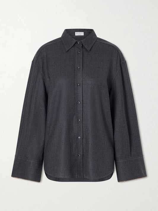 Image of a model wearing Tops. Product name - Oversized Wool Shirt in Dark gray colour by brand - Brunello Cucinelli