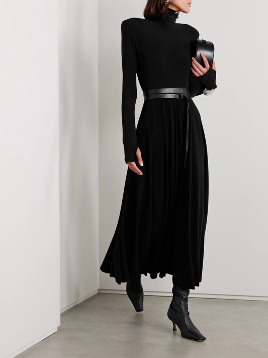 Image of Dresses. Product name - Belted Stretch-jersey Turtleneck Midi Dress in Black colour by brand - Norma Kamali