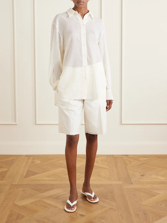 Image of a model wearing Shorts. Product name - Gingham Point D'esprit Shorts in Off-white colour by brand - Another Tomorrow