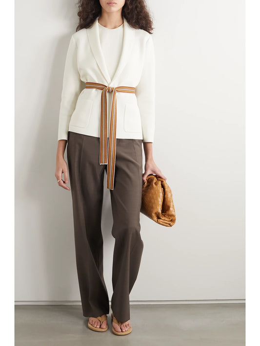 Image of a model wearing Outerwear. Product name - Belted Silk And Cotton-blend Cardigan in Ivory colour by brand - Loro Piana