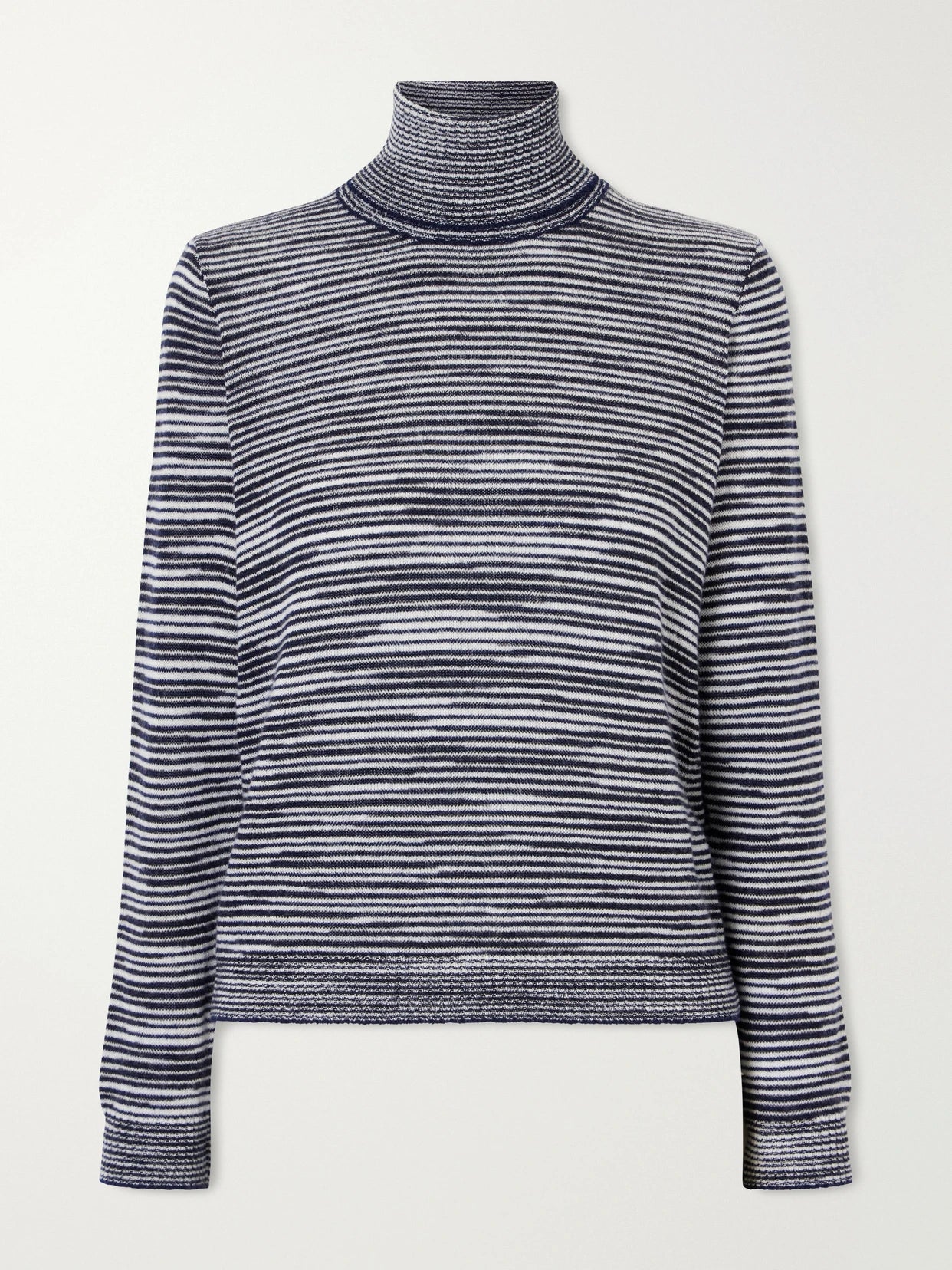 Image of a model wearing Outerwear. Product name - Striped Cashmere And Wool-blend Turtleneck Sweater in Multi colour by brand - Missoni