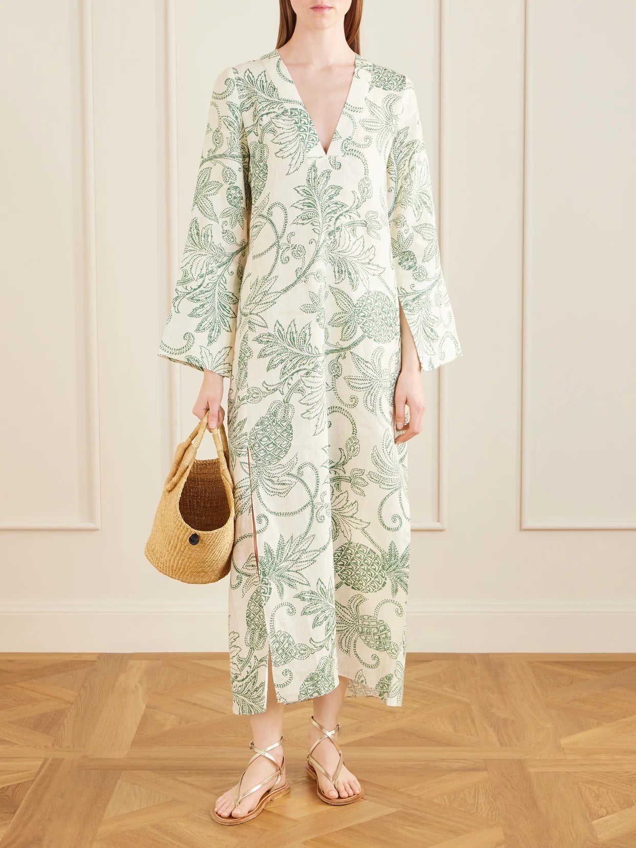 Image of Dresses. Product name - Theodora Printed Linen Maxi Dress in Green colour by brand - lemlem